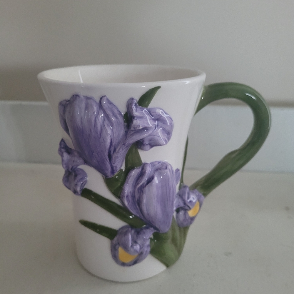 Vintage Teleflora Floral Ceramic Mug with Purple Irises 6"